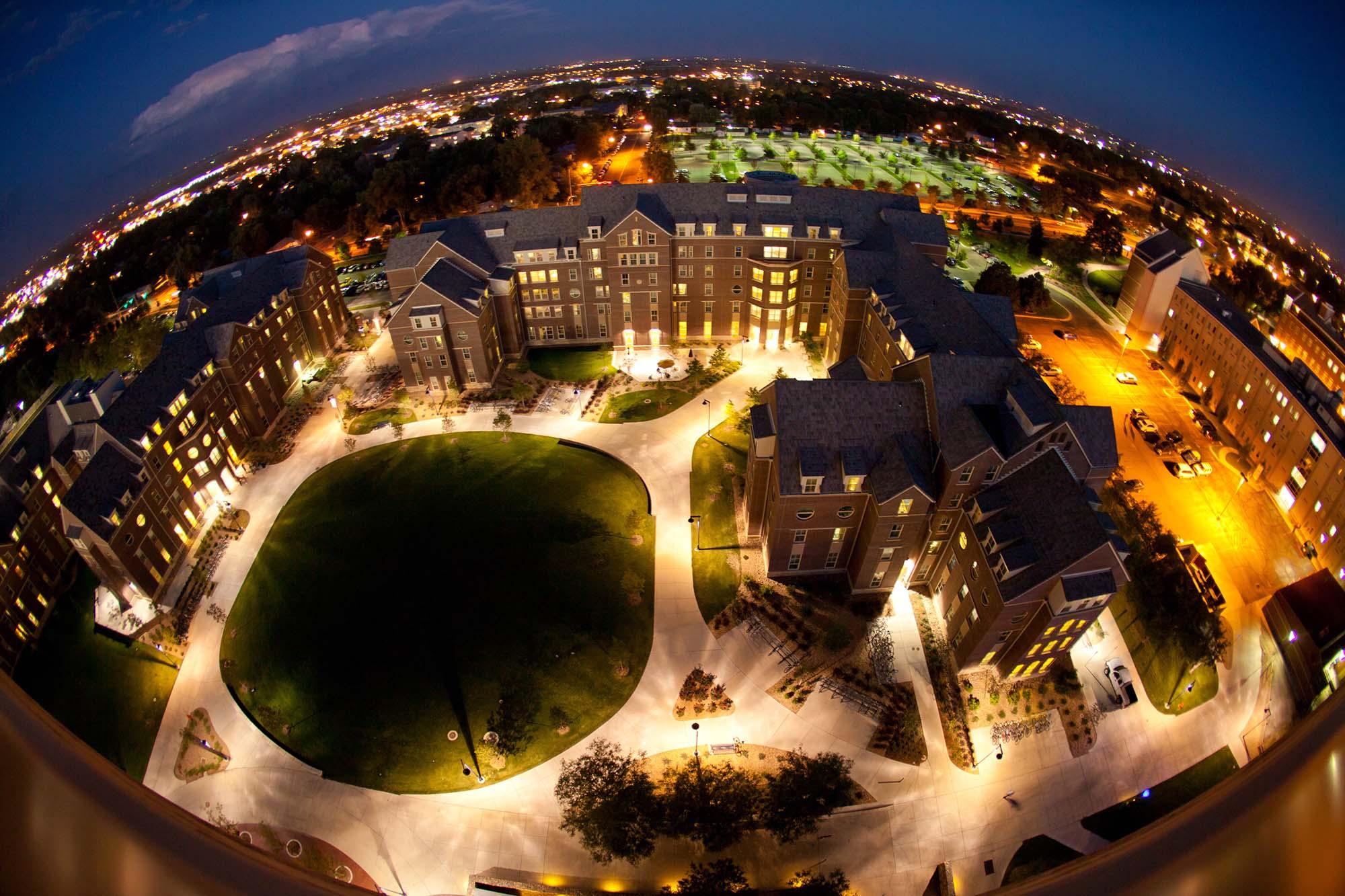 Aerial photo of Greeley at night.